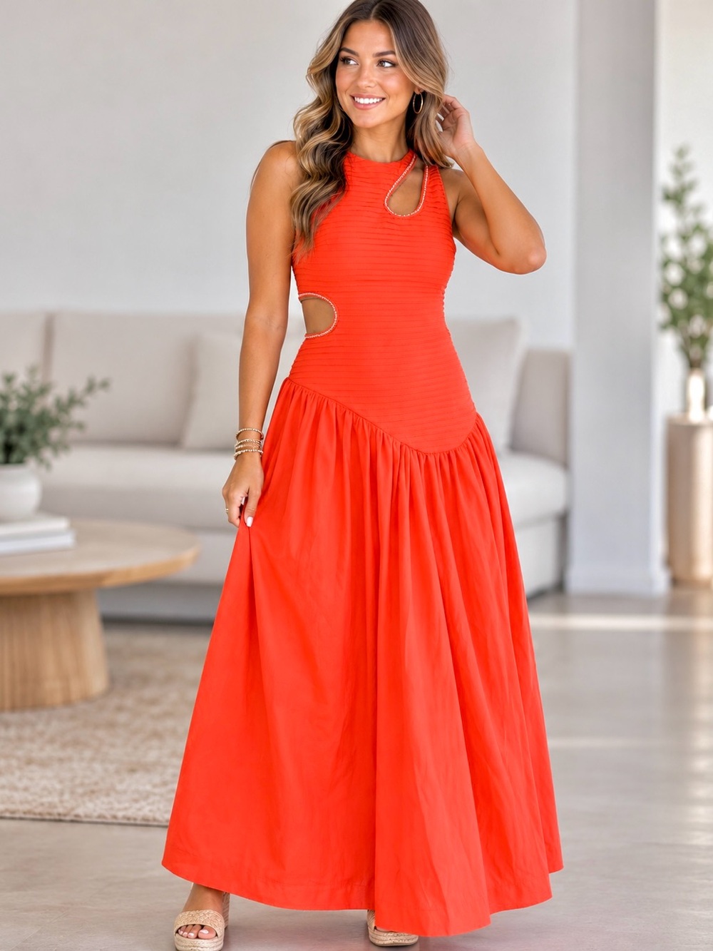 Fancy Coral Sleeveless Lined Cutout Maxi Dress With Rhinestones, Size Large, NWT